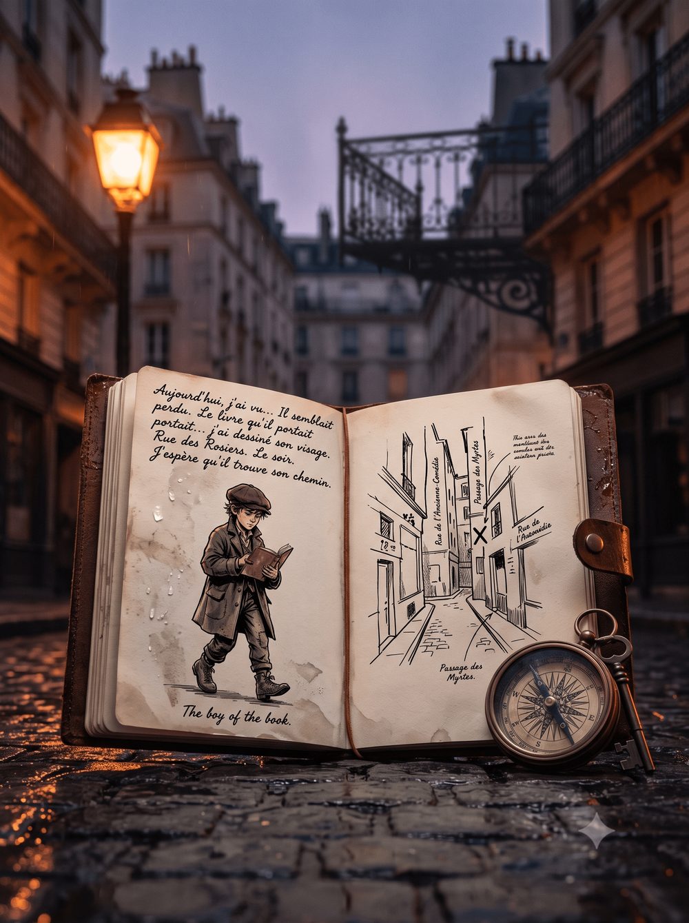 Le carnet de Gavroche ouvert sur les pavés d'une rue parisienne, avec une boussole et une clé