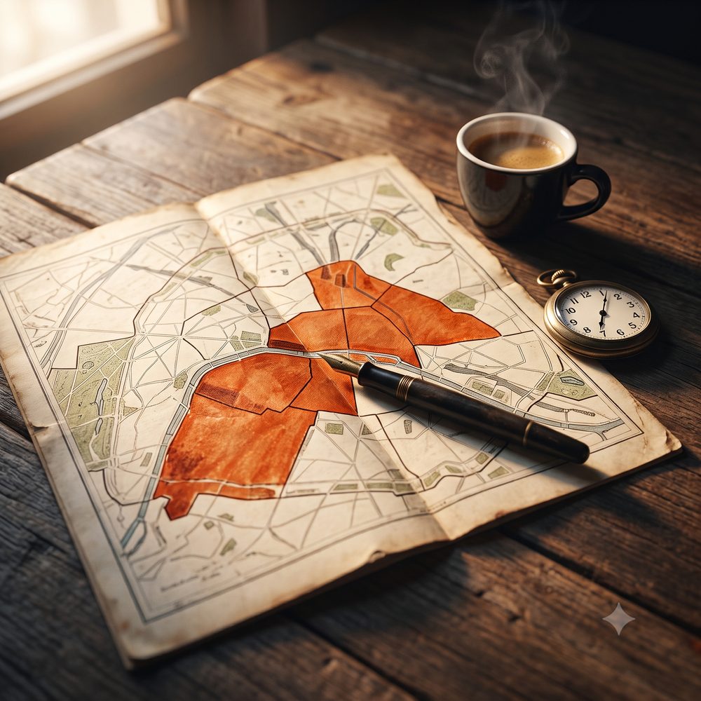 Une carte de Paris posée sur une table en bois, avec des arrondissements coloriés en orange, une plume, un café et une montre à gousset affichant 7h00